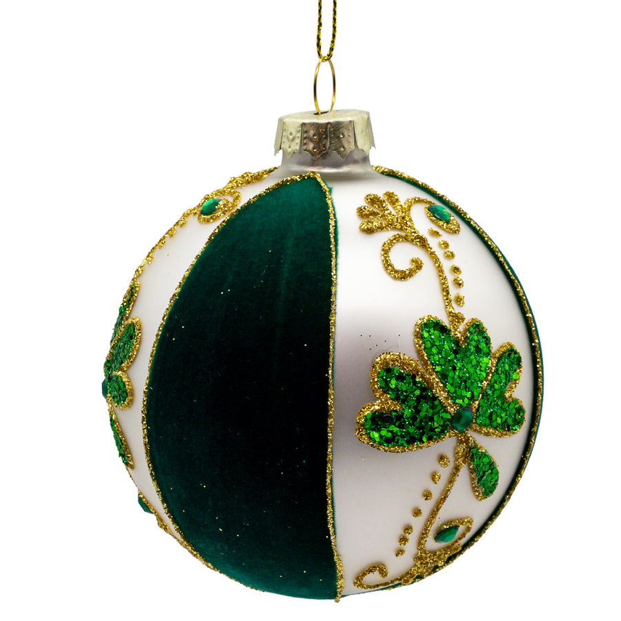 80MM Glass Flocked Green & White With Shamrocks Ball Ornaments