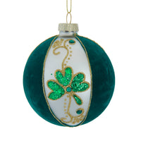 80MM Glass Flocked Green & White With Shamrocks Ball Ornaments