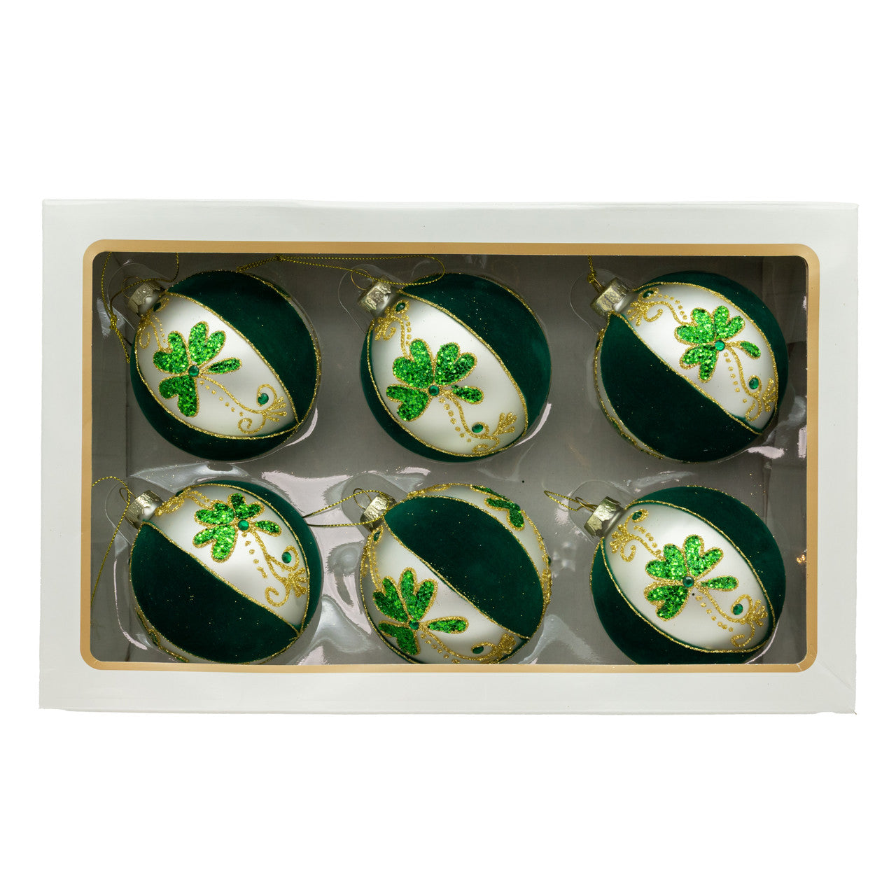 80MM Glass Flocked Green & White With Shamrocks Ball Ornaments