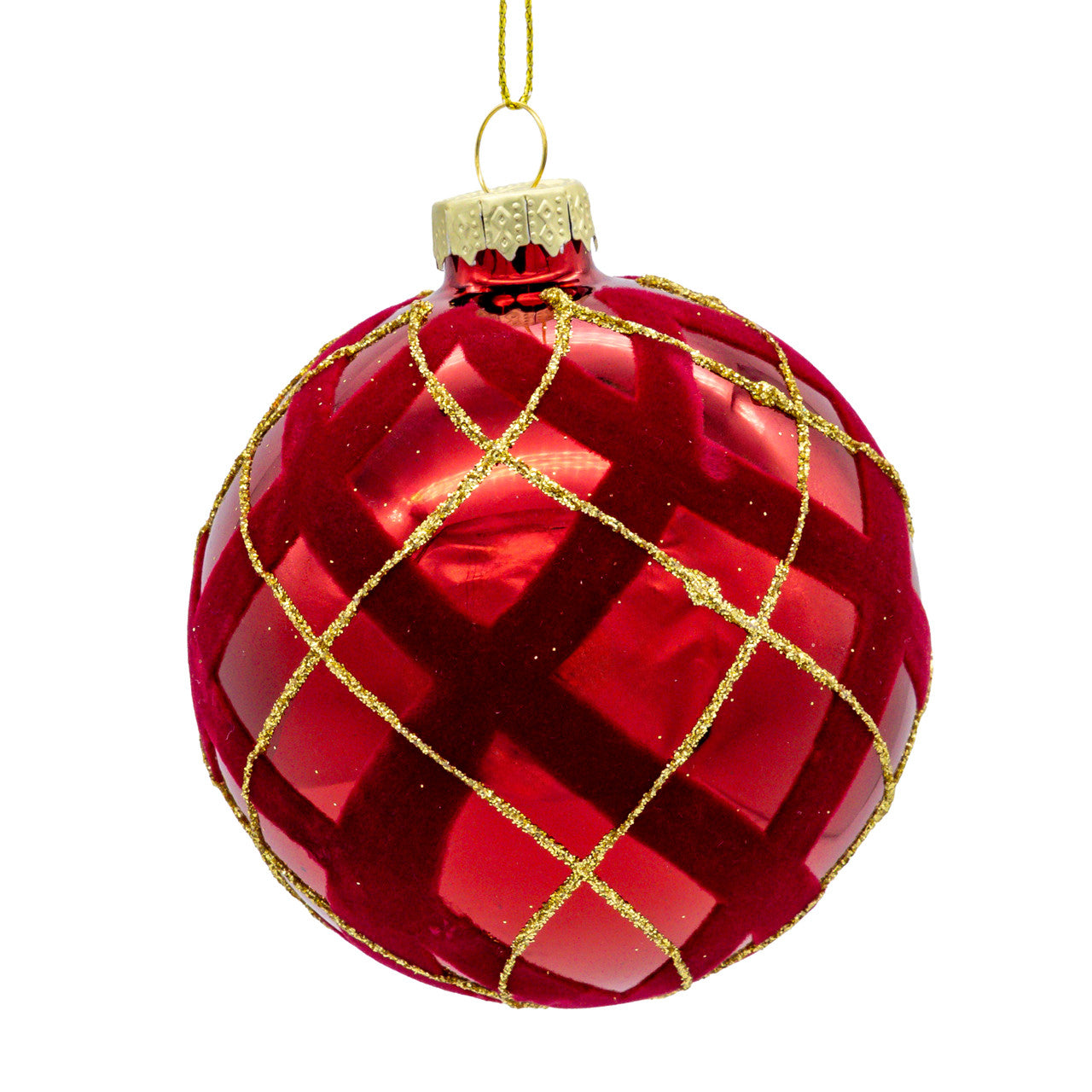 80MM Glass Flocked Red With Gold Glittered Design Ball Ornaments
