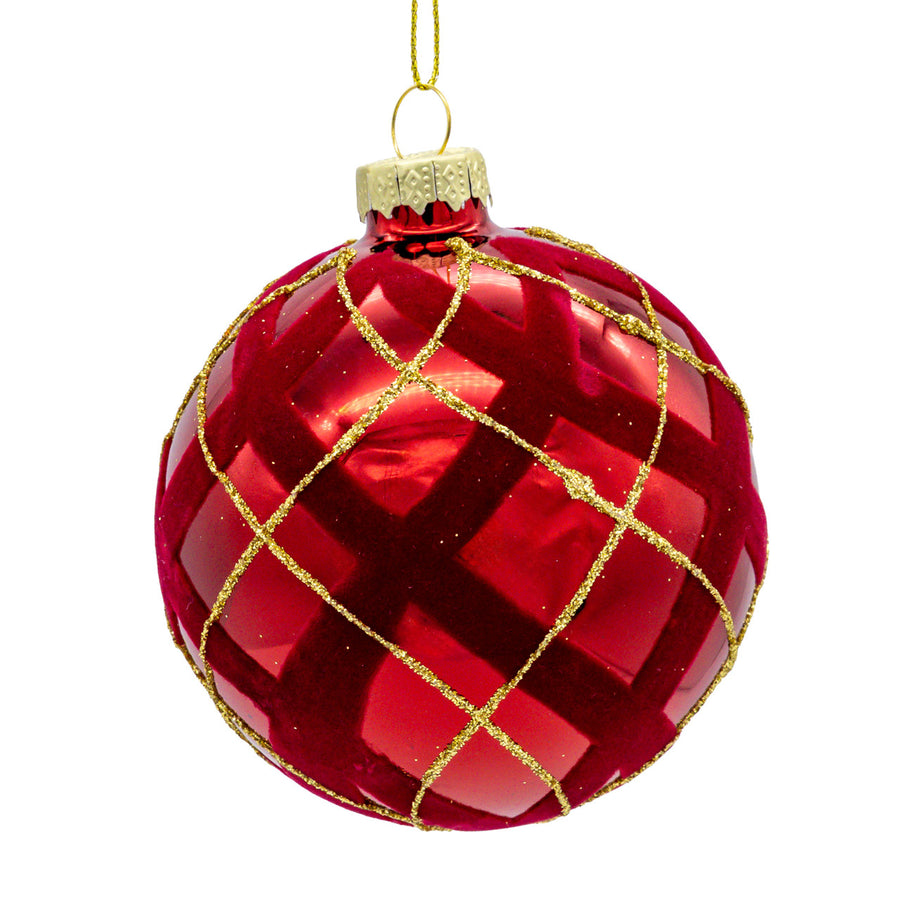 80MM Glass Flocked Red With Gold Glittered Design Ball Ornaments