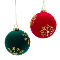 80MM Glass Flocked Red & Green With Gold Snowflakes Ball Ornaments