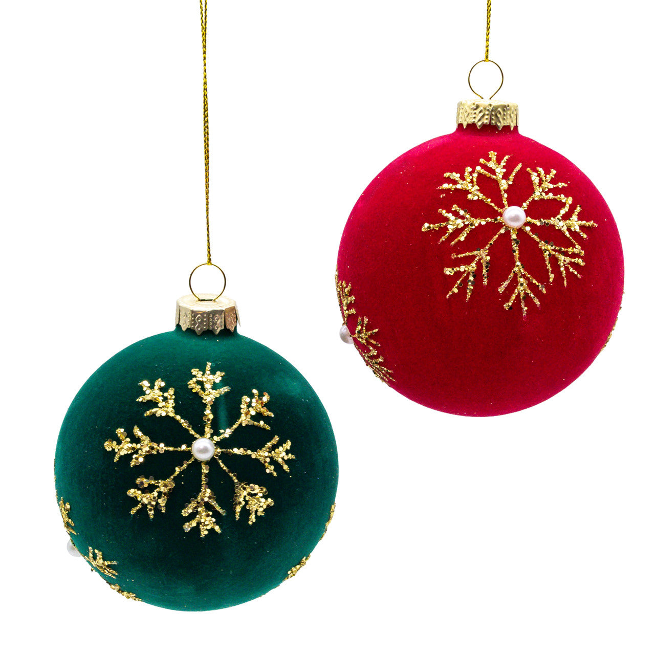 80MM Glass Flocked Red & Green With Gold Snowflakes Ball Ornaments