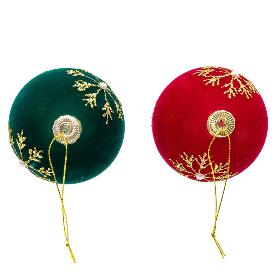 80MM Glass Flocked Red & Green With Gold Snowflakes Ball Ornaments