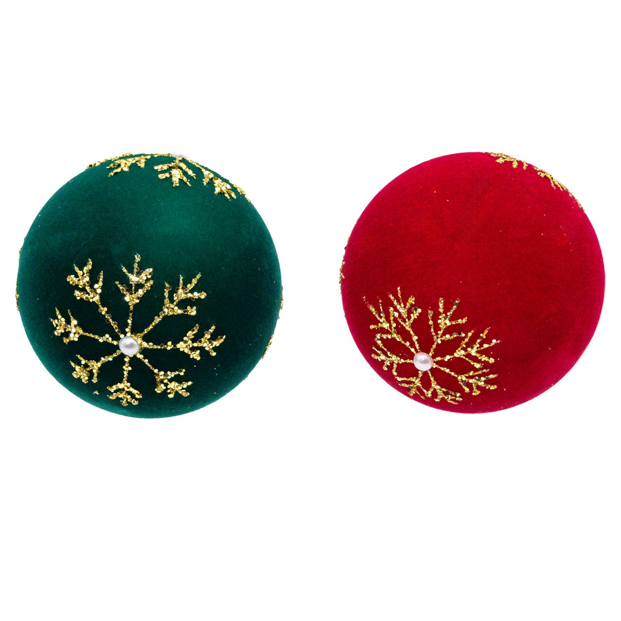 80MM Glass Flocked Red & Green With Gold Snowflakes Ball Ornaments