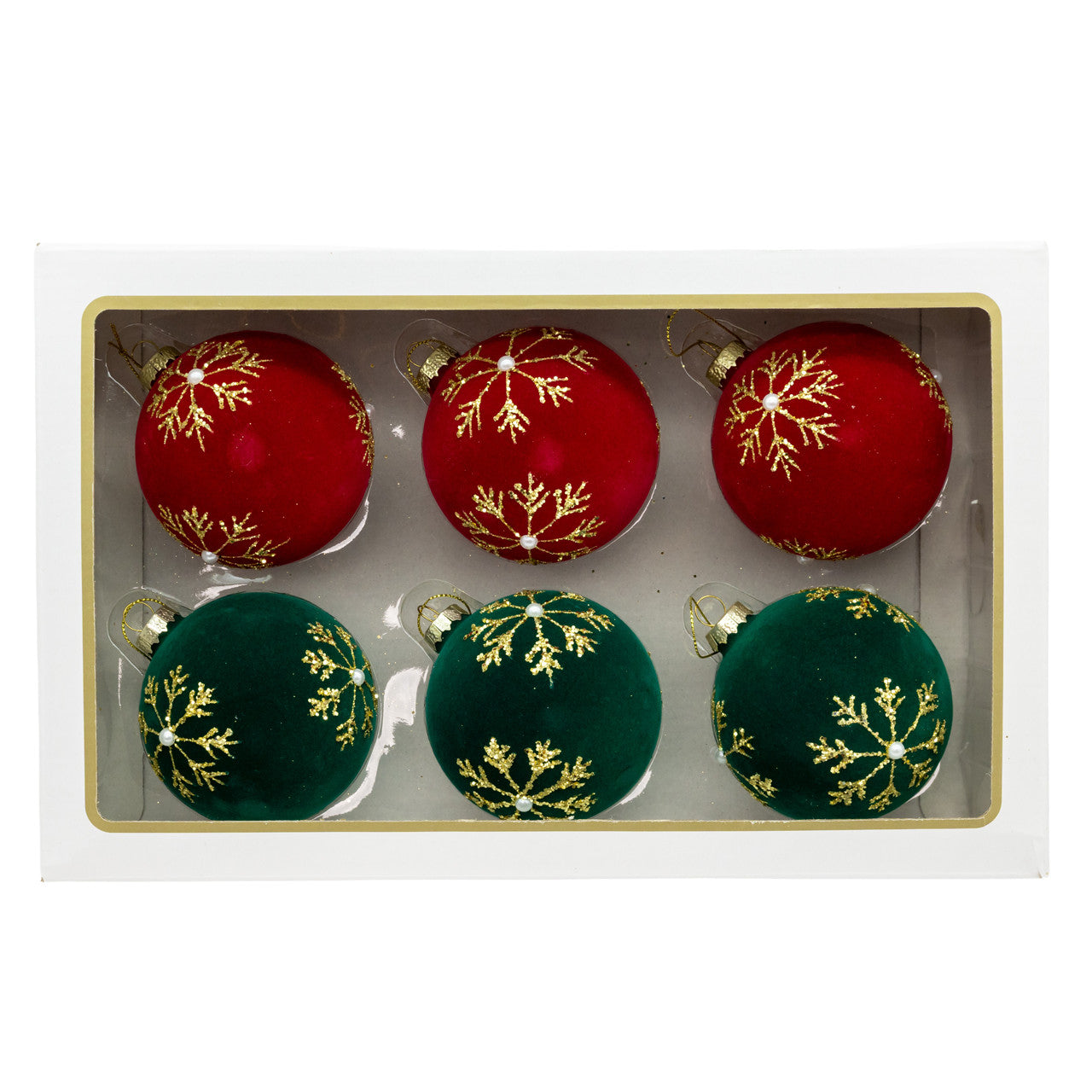 80MM Glass Flocked Red & Green With Gold Snowflakes Ball Ornaments