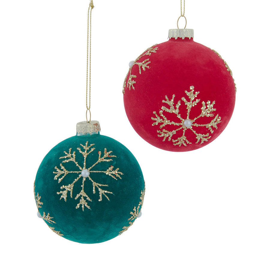 80MM Glass Flocked Red & Green With Gold Snowflakes Ball Ornaments