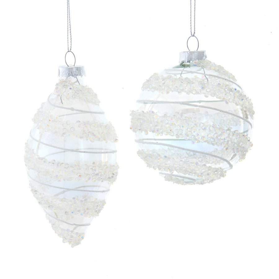 880MM Glass Clear Ball & Drop With White Swivel Stripes Ornaments