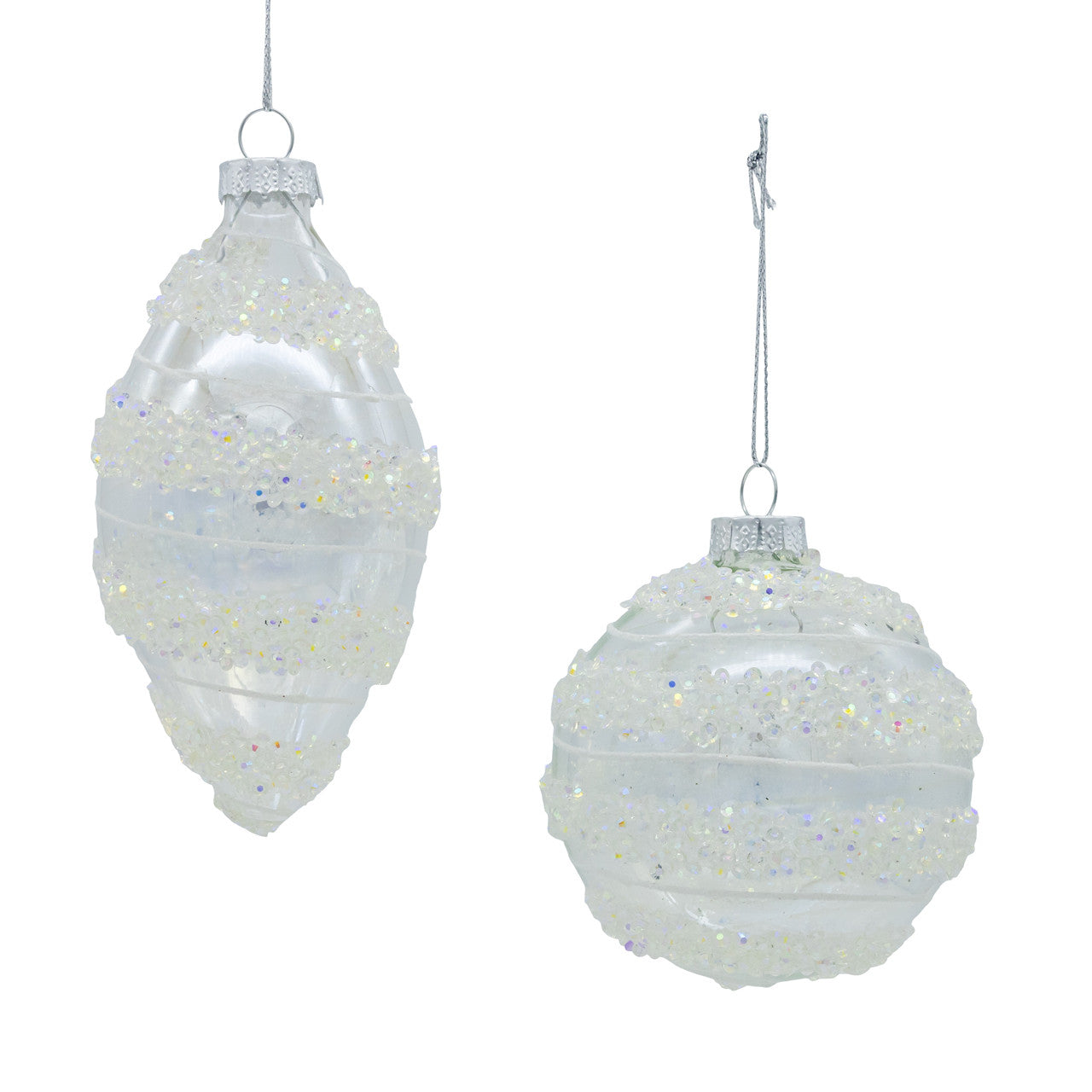 880MM Glass Clear Ball & Drop With White Swivel Stripes Ornaments