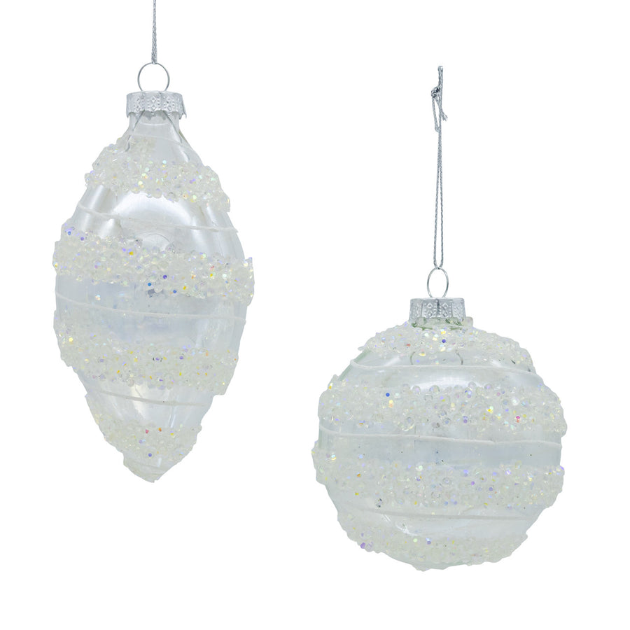 880MM Glass Clear Ball & Drop With White Swivel Stripes Ornaments