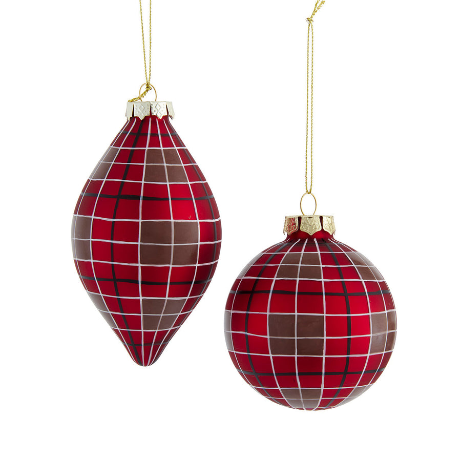 80MM Glass Red Plaid Ball & Finial Ornaments
