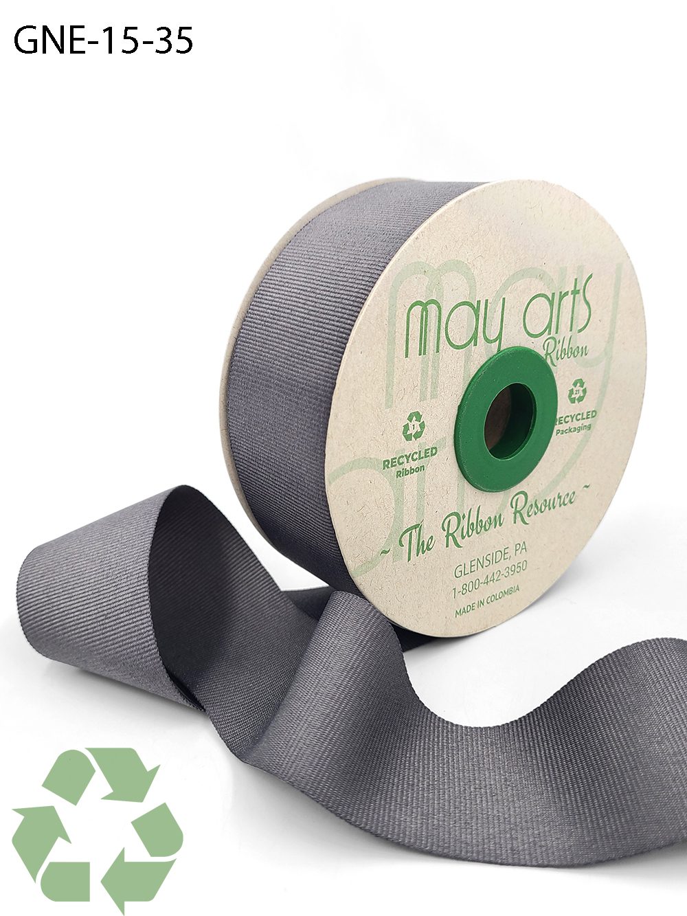 1.5 Inch Eco-Friendly Recycled Grosgrain Ribbon with Woven Edge – GNE-15-35 STORMY GREY
