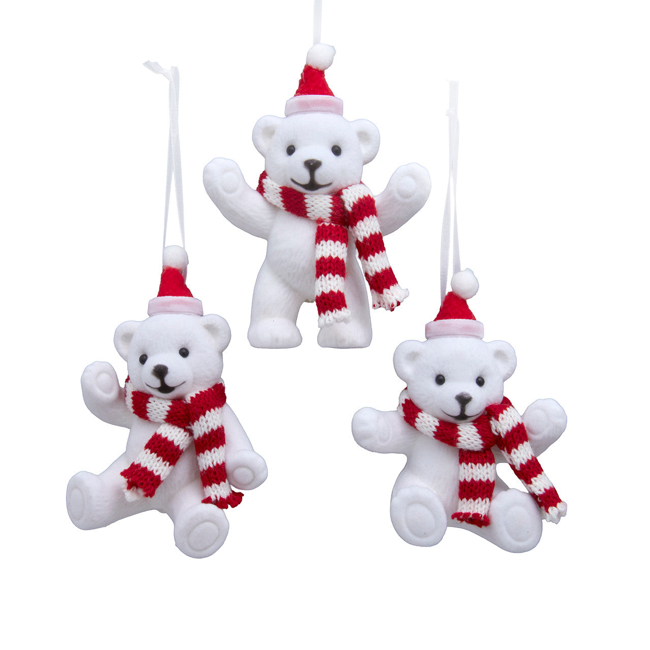 Flocked White Bear With Red & White Hat & Scarf Ornaments