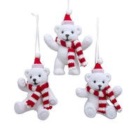 Flocked White Bear With Red & White Hat & Scarf Ornaments