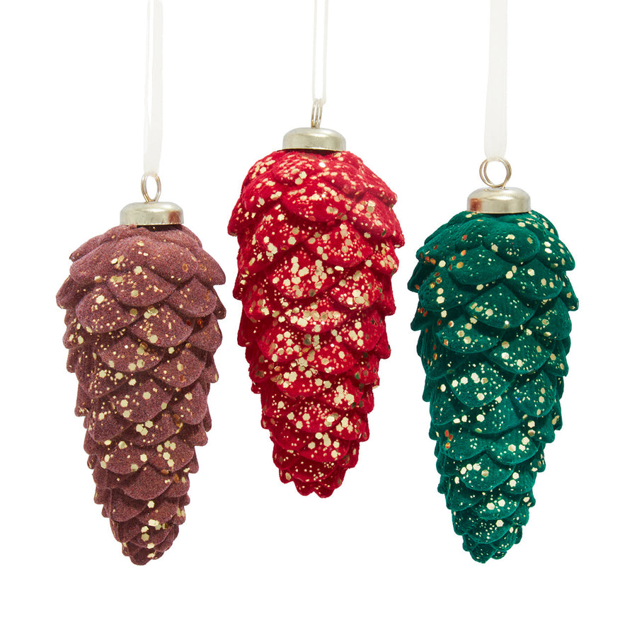 Flocked Red, Green & Brown Pinecone Ornaments