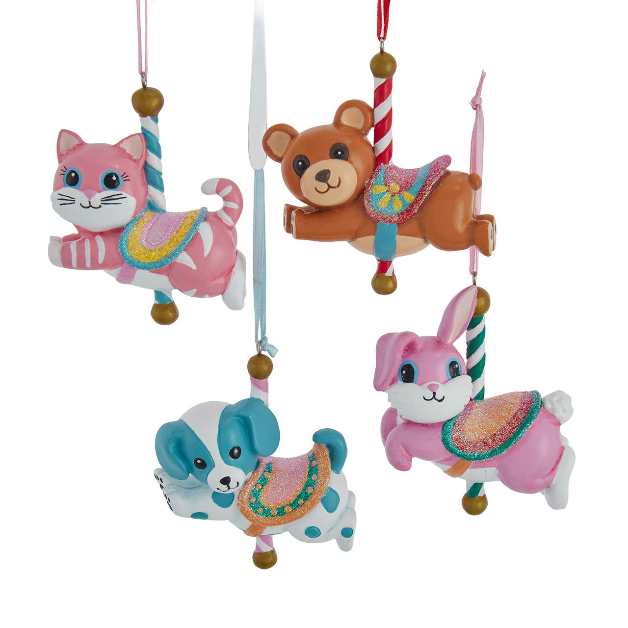 Baby Dog, Rabbit, Cat & Bear Carousel Animal Ornaments