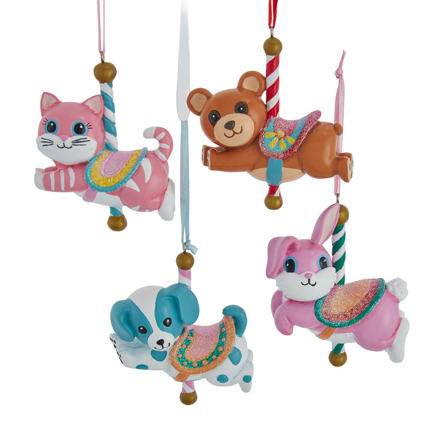 Baby Dog, Rabbit, Cat & Bear Carousel Animal Ornaments