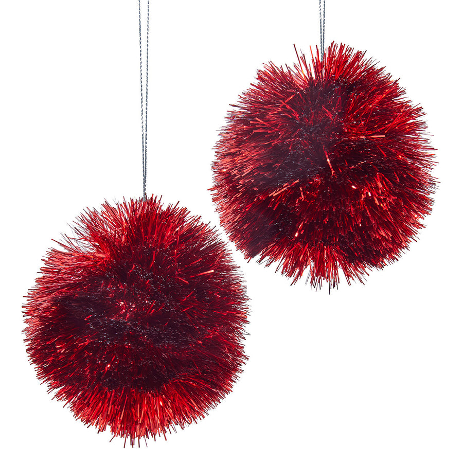 Red Tinsel Ball Ornament Set