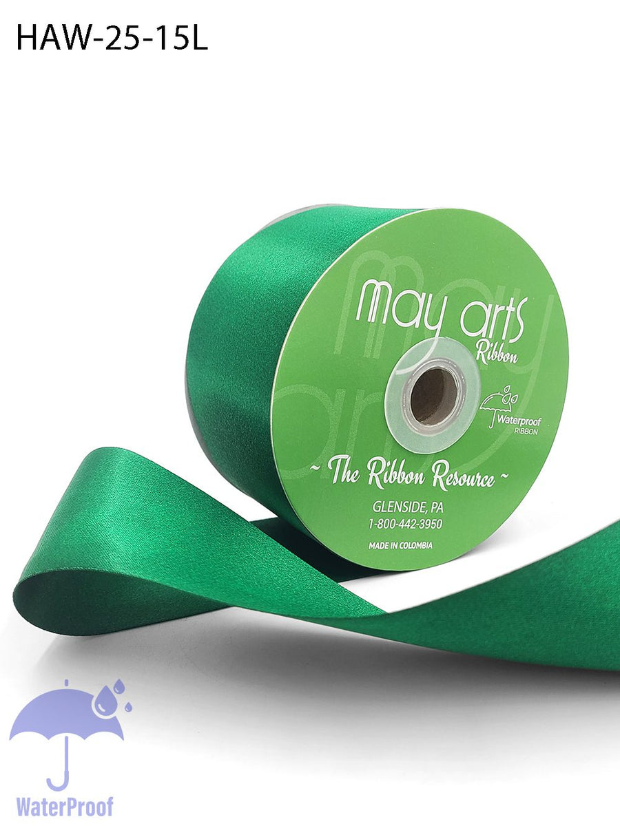 ~2.5 Inch Waterproof and Weather Resistant Luster Double Faced Satin Ribbon with Woven Edge – HAW-25-15L GREEN