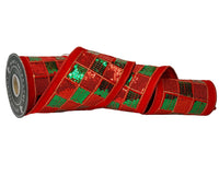 Pre-Order 2026-Sequins Green and Red Check Embroidered Velvet Double Faced Wired Ribbon 4