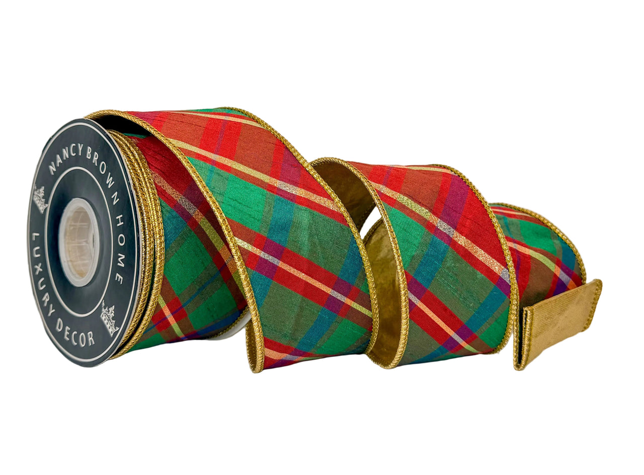 Pre-Order 2026-Bias Dupioni Red Green and Gold Plaid Double Faced Metallic Dupioni Back Wired Ribbon 2.5" x 10Y