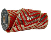 Pre-Order 2026-Red and Gold Sequin Velvet Embroidered Double faced Wired Ribbon