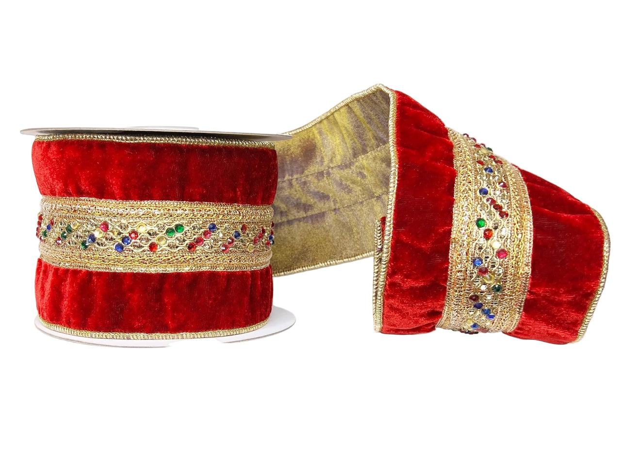 Red Velvet Multi Gem and Gold Trim 4" x 5Y Wired Ribbon