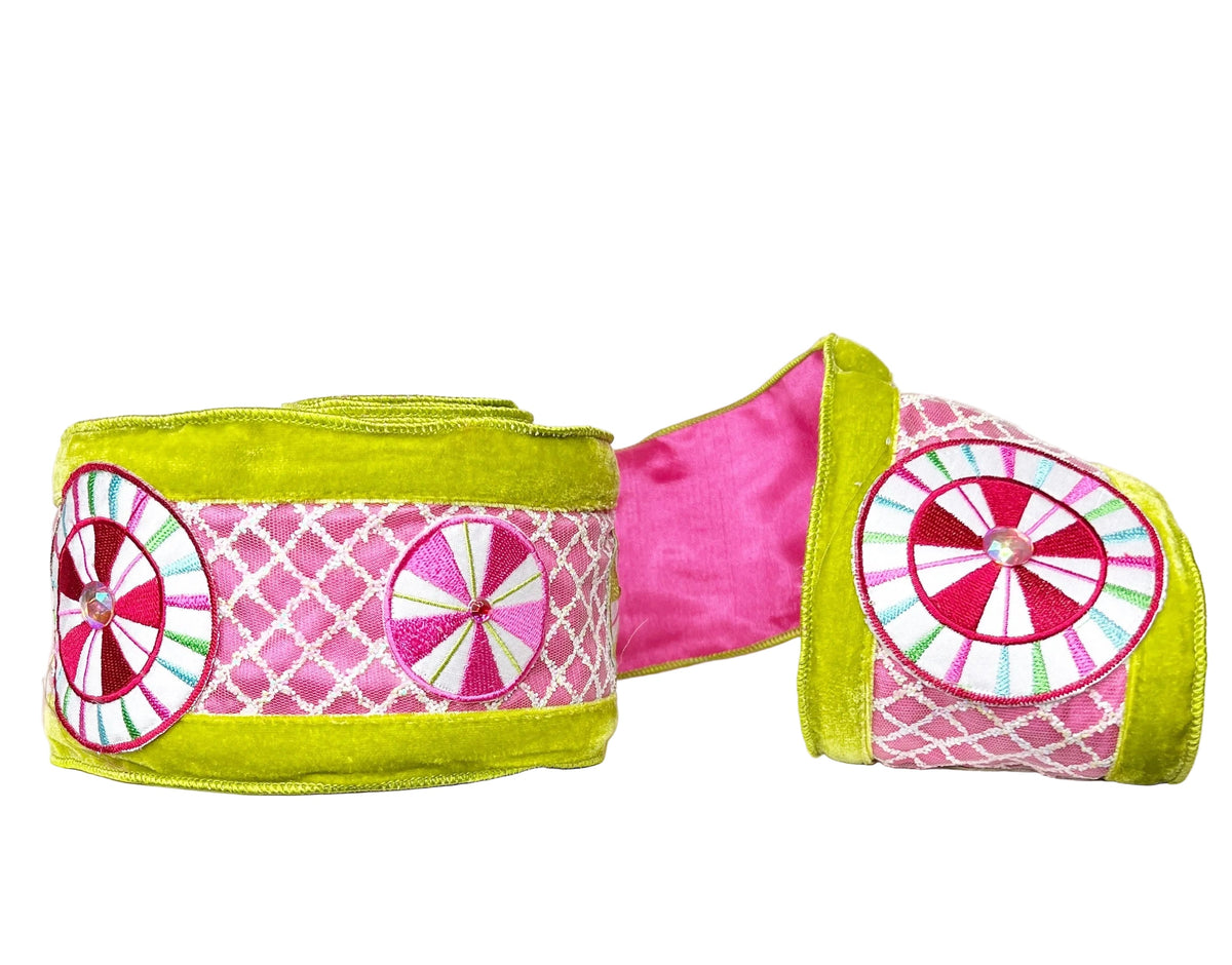 A Sweet Candy EXCLUSIVE Lime Green and Pink Velvet Wired Double-Sided Ribbon 4"x5Y