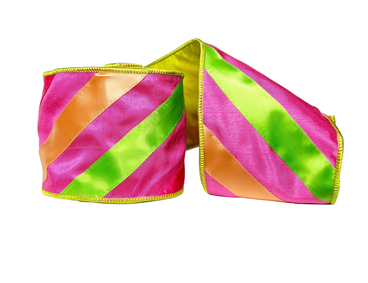 A Sweet Candy Satin Striped Wired Double-Sided Pink Ribbon 4" x 5Y