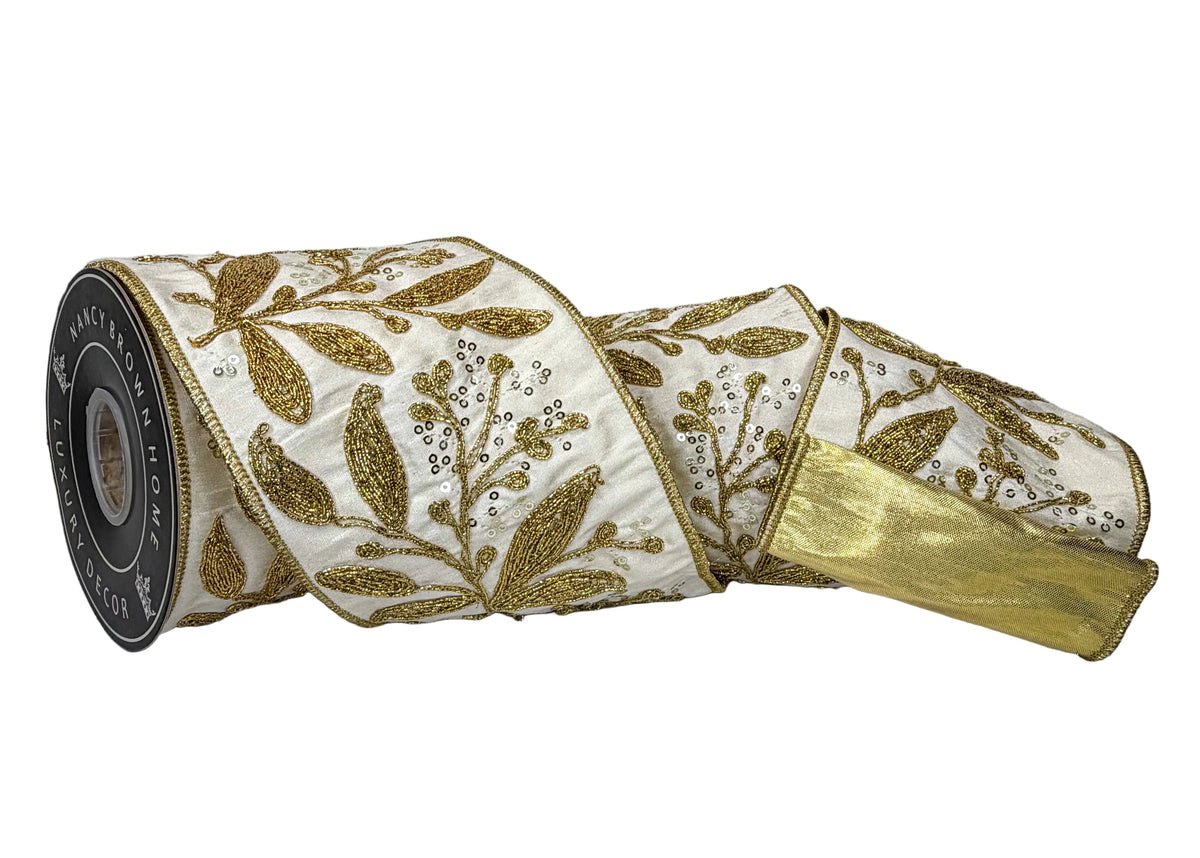 Pre-Order 2026-Gold Threading Floral Double-Faced 4"x5Y Wired Ribbon