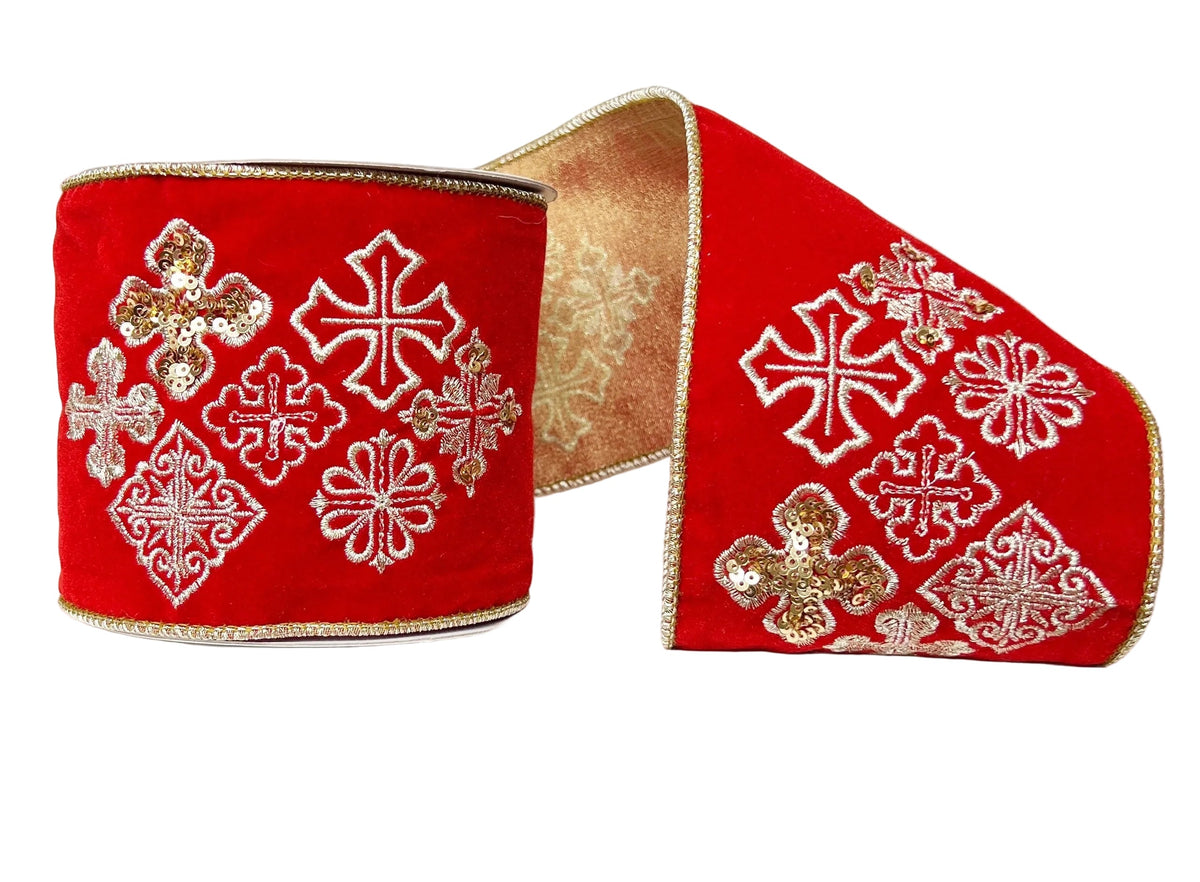 Red Golden Embroidered Crosses with Sequin Velour Velvet 4" x 5Y Wired Ribbon