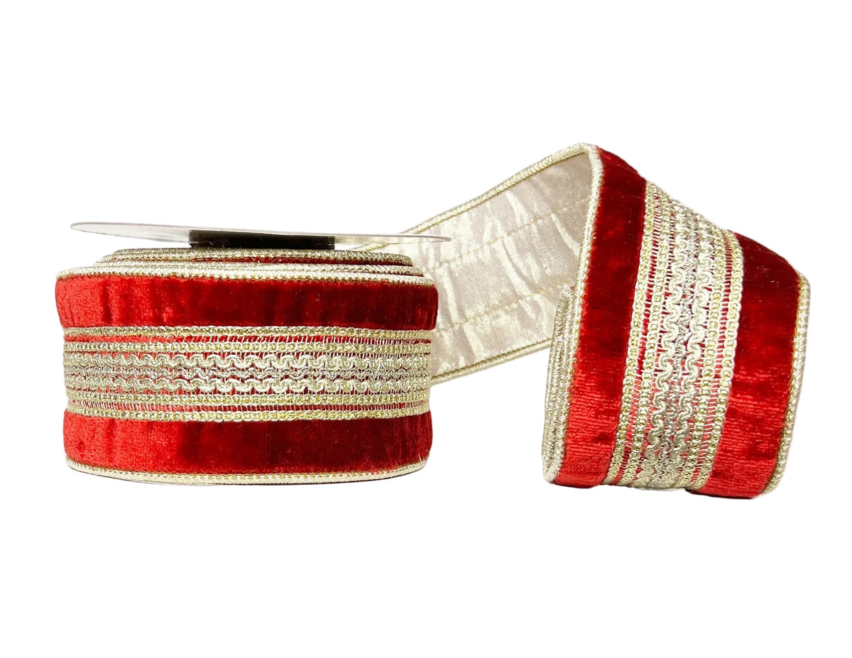 Red Gold Braid Trim on Velvet Double Fused Wired 2.5" x 5Y Ribbon