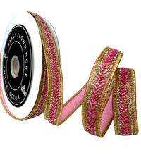 Pre-Order 2026- Pink & Gold Beaded Trim Double Faced Dupioni Jeweled Ribbon 1