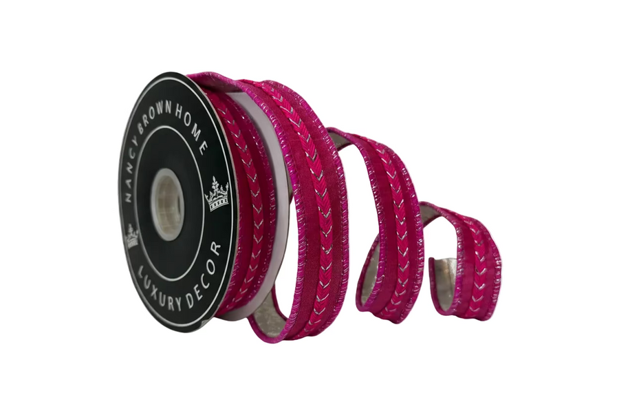 Pre-Order 2026 -Hot Pink Braid 1”x 10Y with Metallic Silver Backing Double Sided Wired Ribbon