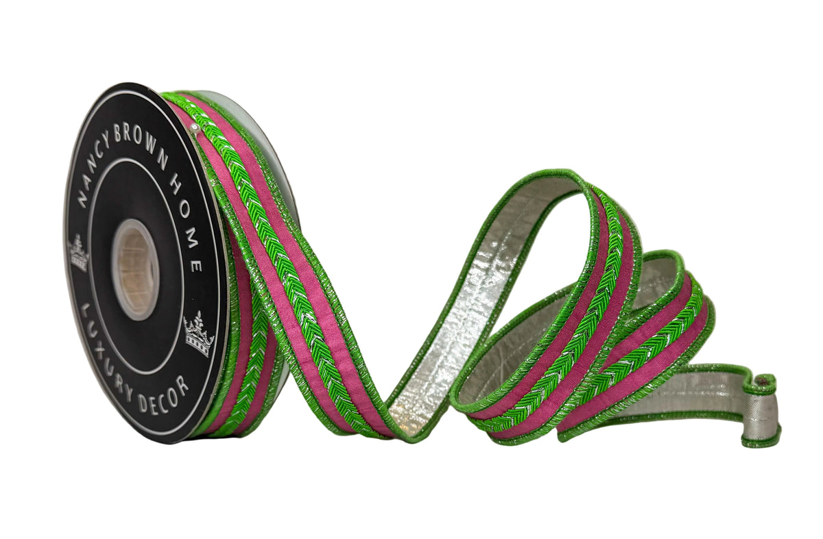Pink and Green Braided Ribbon 1" x 10Y Double Faced Wired
