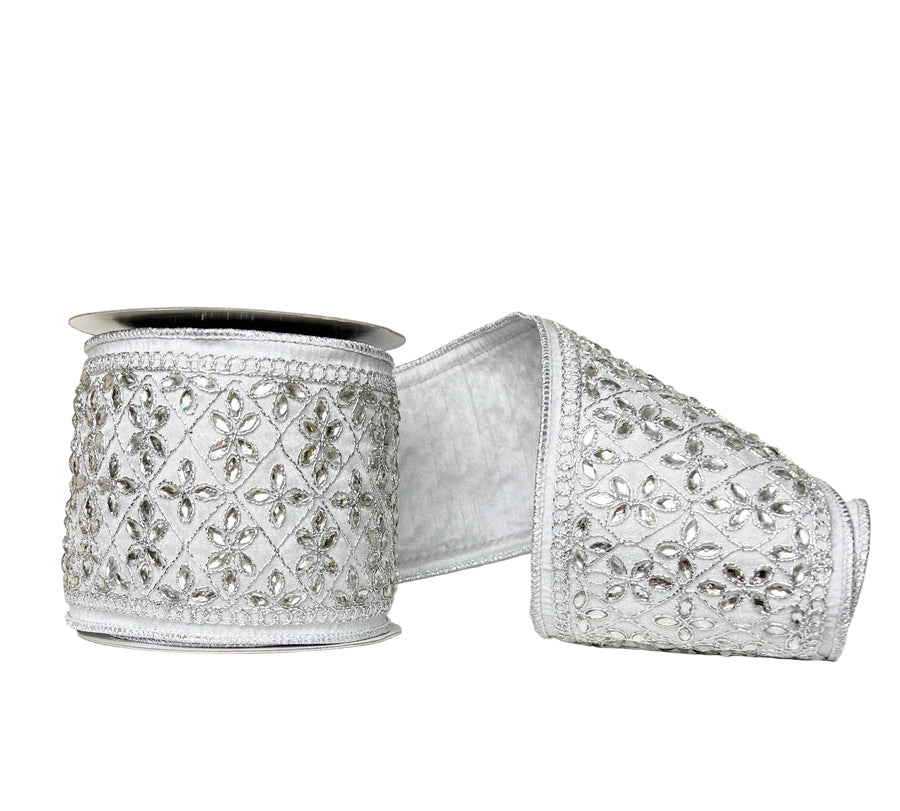 Silver Mega Jeweled Trim on Dupion 4" x 5Y Wired Ribbon