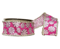 A Sweet Pink Peppermint Jacquard Ribbon with Silver Tinsel Edging 2.5