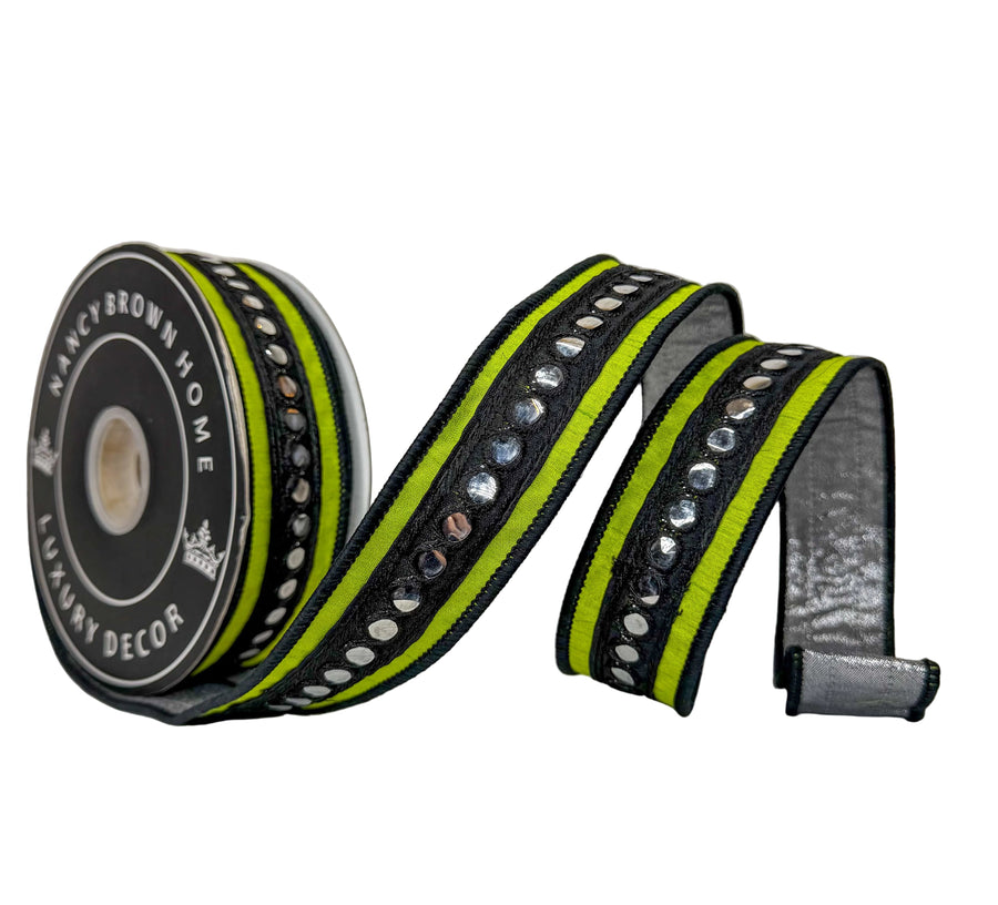 Pre-Order 2026- 1.5” x 10Y Lime Green and Silver Dots Double Sided Wired Ribbon