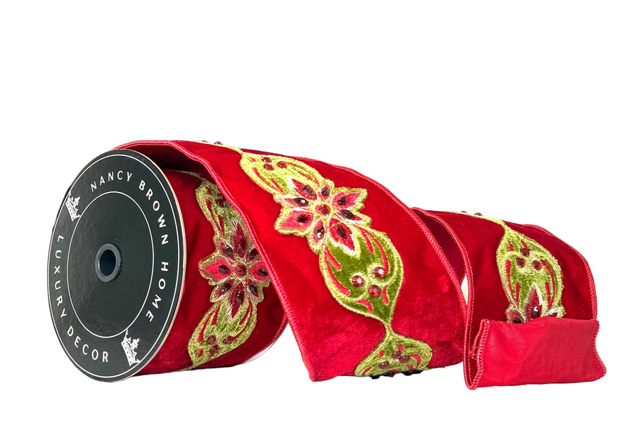 Pre-Order 2026-Maison Rouge Red Velvet and Green Embroidery with Gems Double Sided Wired 4"x5Y