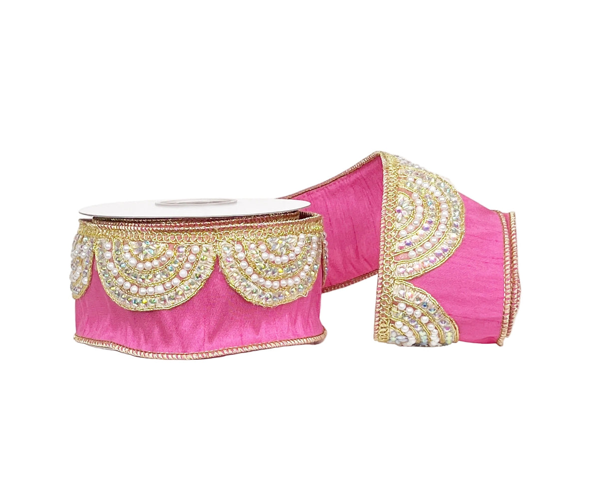 A Sweet Pink Scalloped Iridescent & Pearl Trim Dupioni Wired Ribbon 2.5" x 5Y