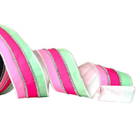 Pre-Order 2026- The Ba Bam Collection- Pink and Mint Platinum Bling Stripe Double-Faced Wired Ribbon 2.5