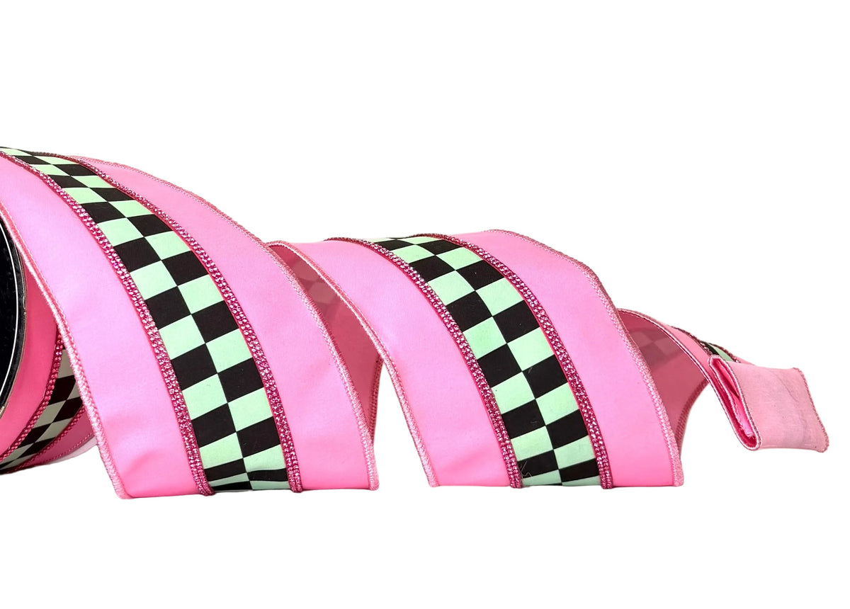 Pre-Order 2026- The Ba Bam Collection- PINK/MINT CHECKERED RIBBON with Pink Bling Accents 4"x 5Y Wired Ribbon