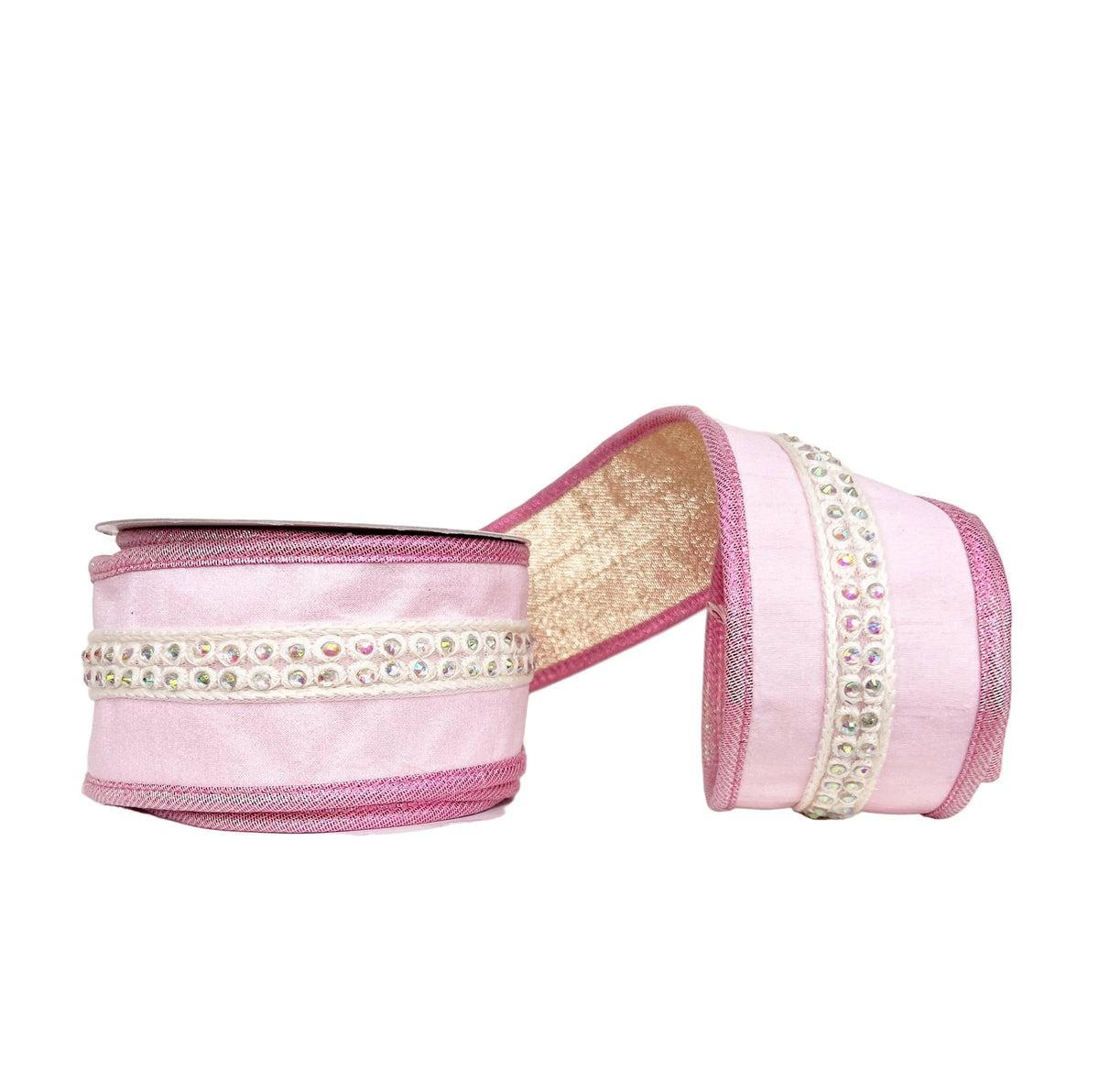 A Sweet Pink Jewel Trim on Dupioni Wired Ribbon with Iridescent Piping and Backing2.5" x 5Y