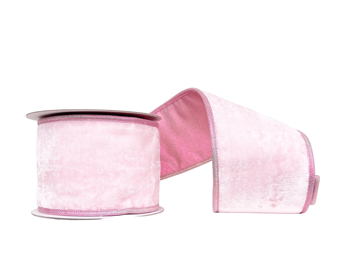 A Sweet Pink Crown Velvet Double-Fused Pink Iridescent Wired 4" x 5Y Ribbon--Double-Sided
