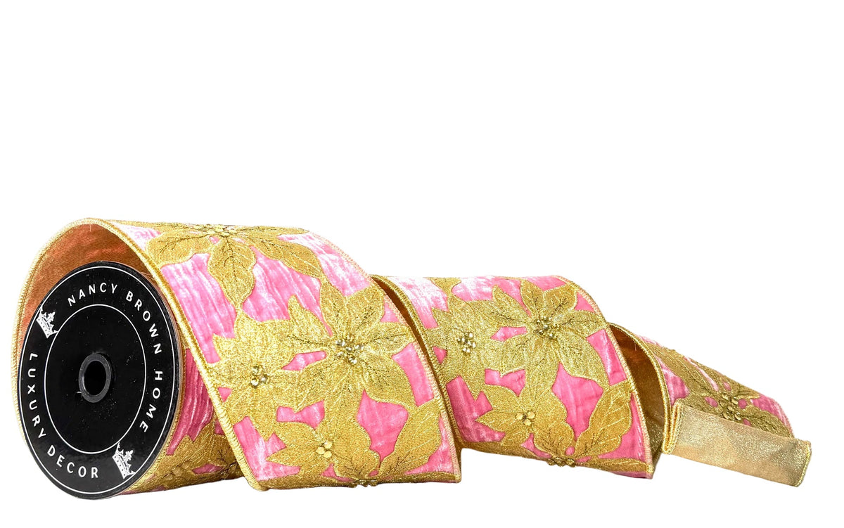 Pre-Order 2026- Pink & Gold Poinsettia Double-Faced  4"x5Y Wired Ribbon