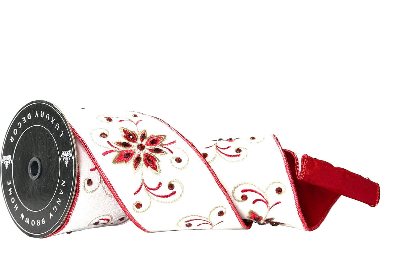 Pre-Order 2026- Maison Rouge White Velvet And Embroidery With Gems Double-Faced Wired 4"X5Y