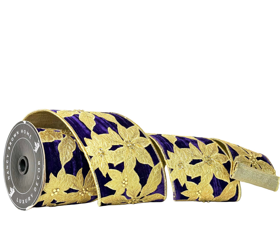 Pre-Order 2026- Purple & Gold Flower Ribbon Doublesided 4"X5Y Wired Ribbon