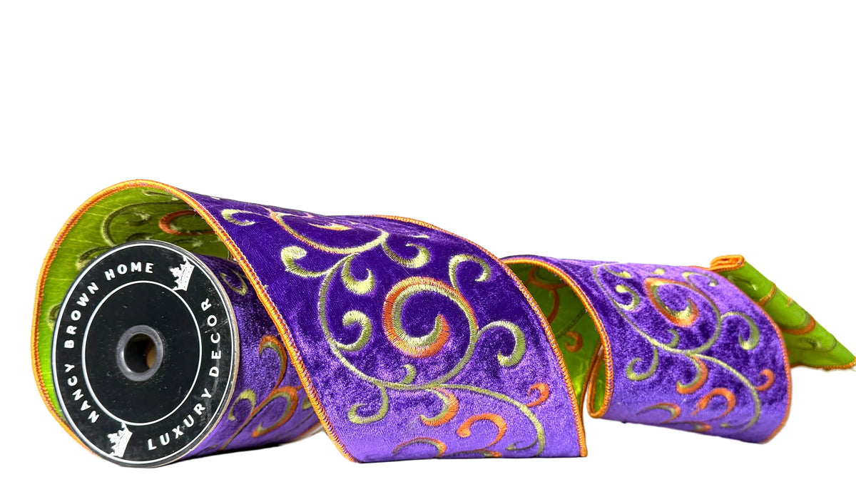 Pre-Order 2026- Purple and Green Filigree Ribbon Double- Faced 4"x5Y Wired Ribbon