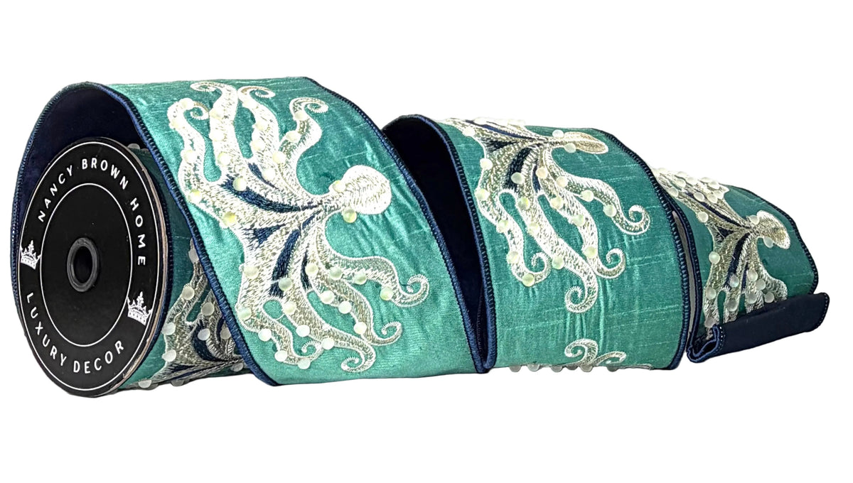 Pre-Order 2026-Opulent Octopus Teal & Navy Double Faced Wired 4"x5Y