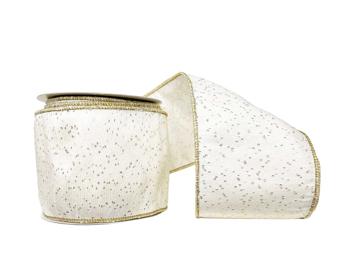 White & Gold Fleck Sequin Dupioni 4" x 10Y Wired Ribbon